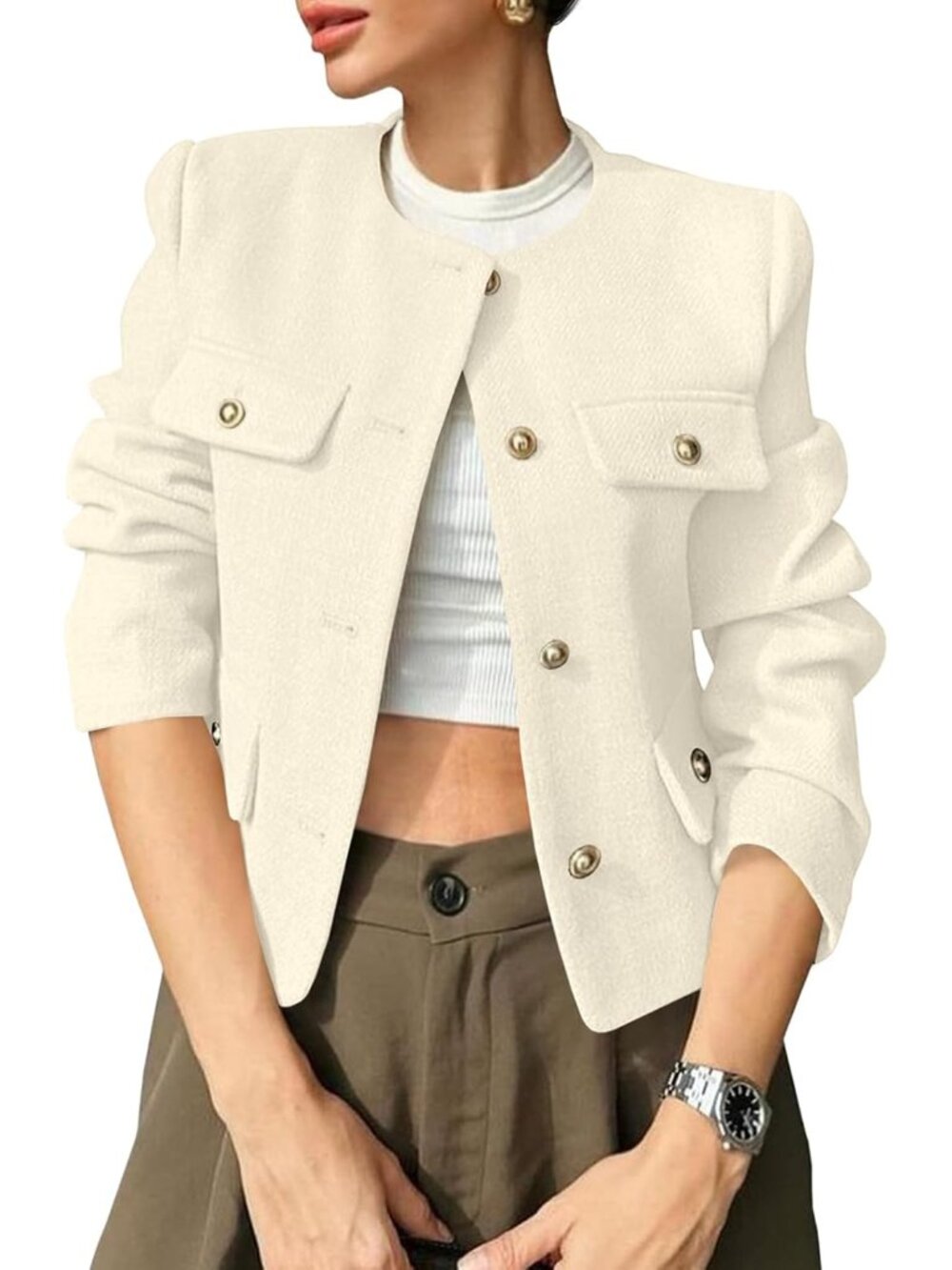 Womens Cropped Tweed Blazers Jacket Collarless Button Down Coats